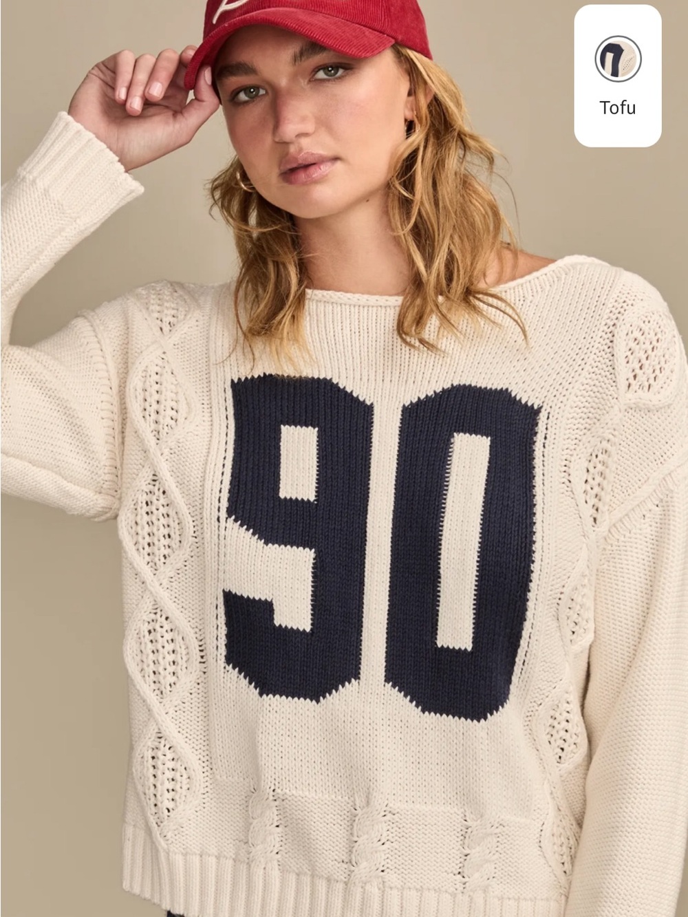 Lucky Brand Women's Cream Knit Sweater with Navy '90' Graphic